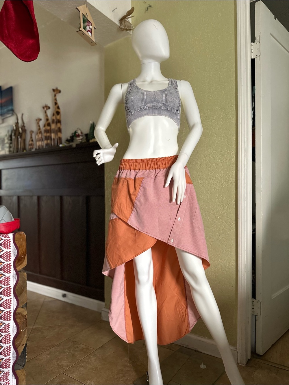 Asymmetric High-Low Patchwork Skirt in Pink & Orange,up cycle ♻️